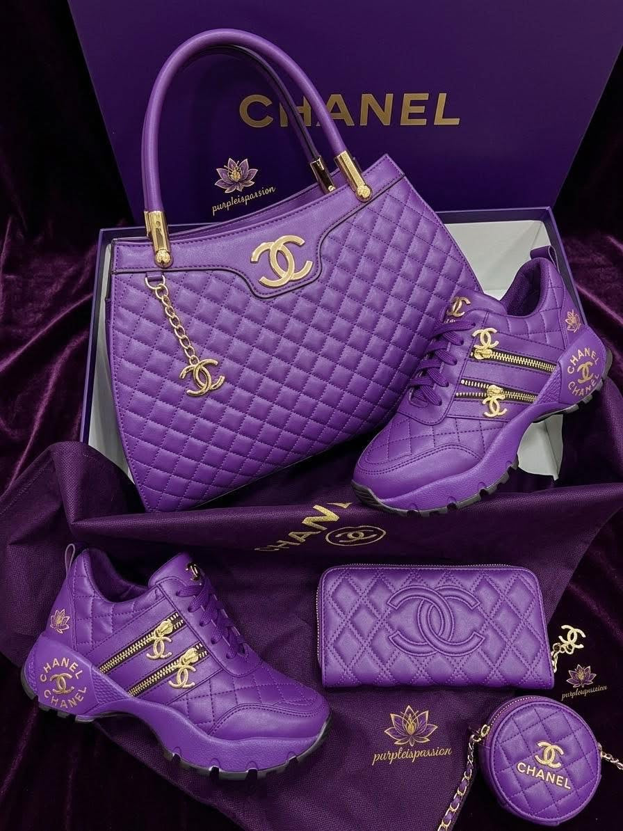 Regal Purple Quilted Handbag, Sneakers & Accessories Set 👑👜👟💜