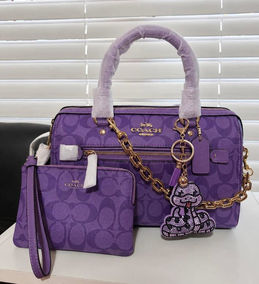 Coach Signature Purple Coated Canvas Satchel with Matching Wristlet & Crystal Bag Charm 💜👜✨
