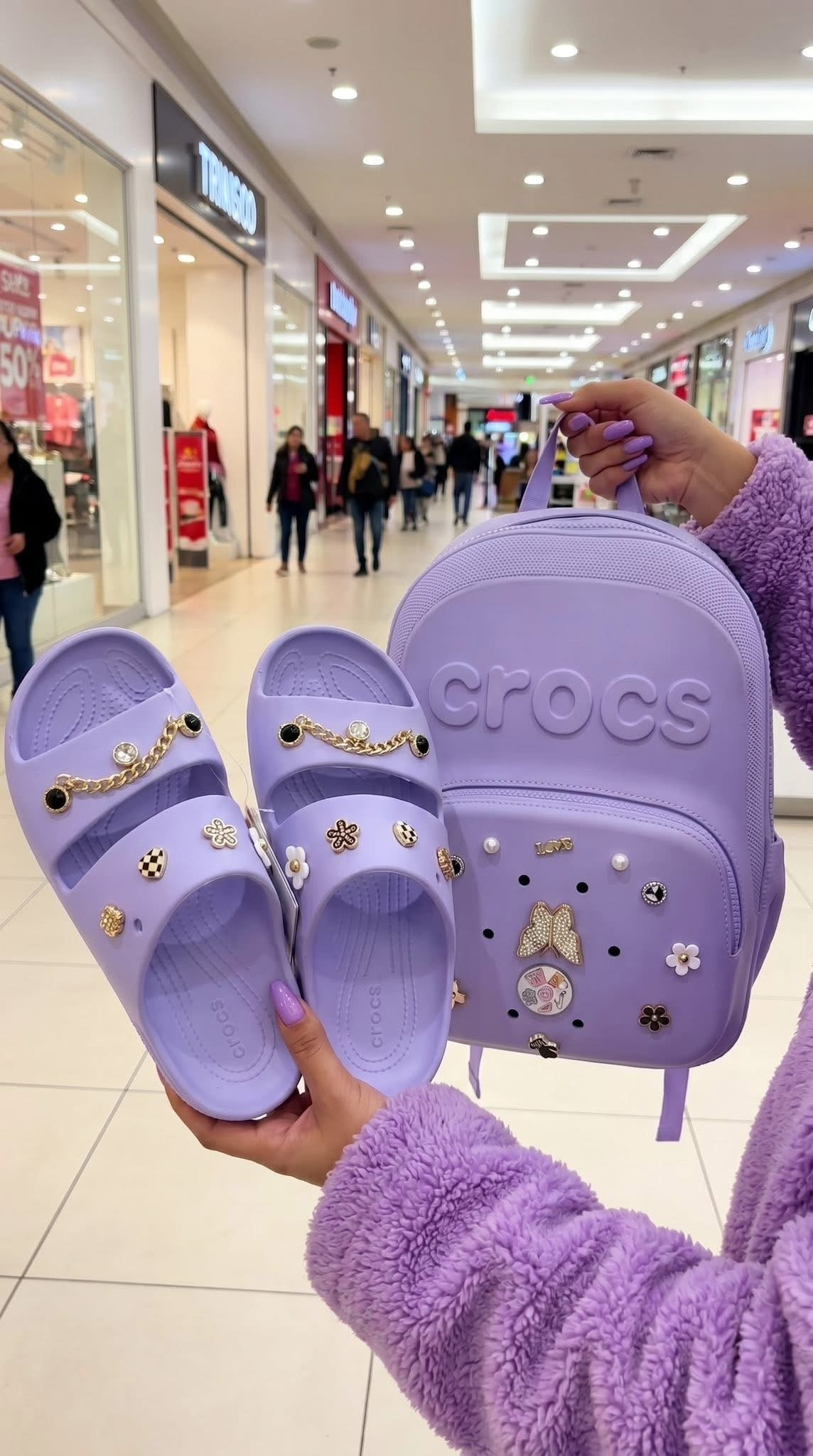 Lavender Charm-Embellished Slide Sandals & Mini Backpack Set 🩴🎒💜
