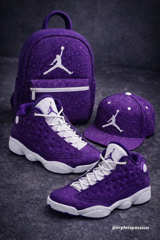 Premium Purple Paisley Basketball Sneakers, Backpack & Cap Set 👟🎒🧢💜